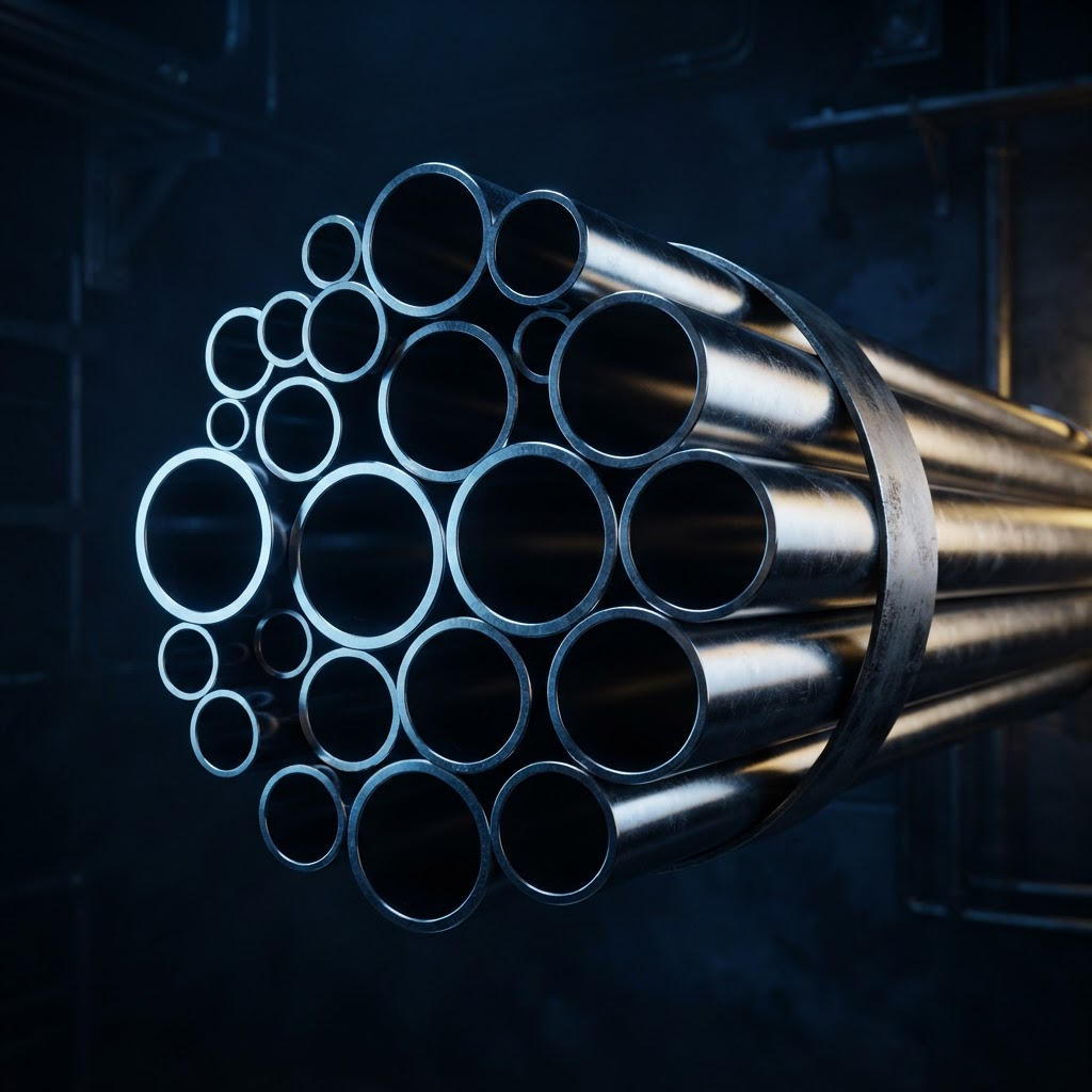 Bundle of polished stainless steel pipes
