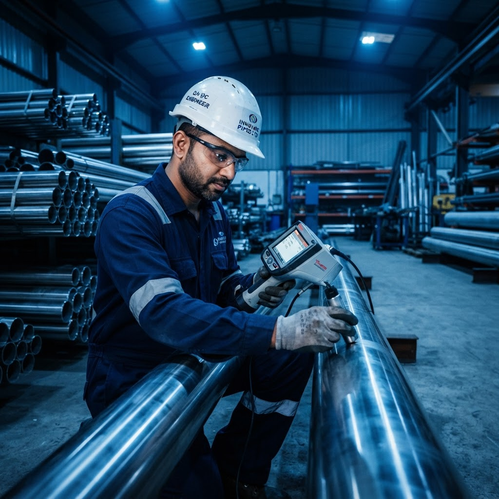 PCI quality engineer performing PMI testing on stainless steel pipes
